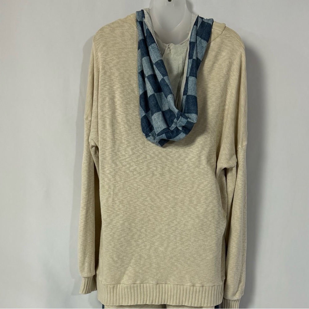 Cream Knit Cardigan with Blue Check Trim - Women's Sweater - Picture 2 of 2